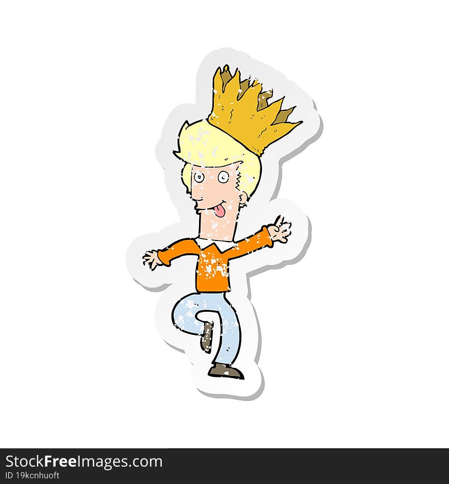 Retro Distressed Sticker Of A Cartoon Man Wearing Paper Crown