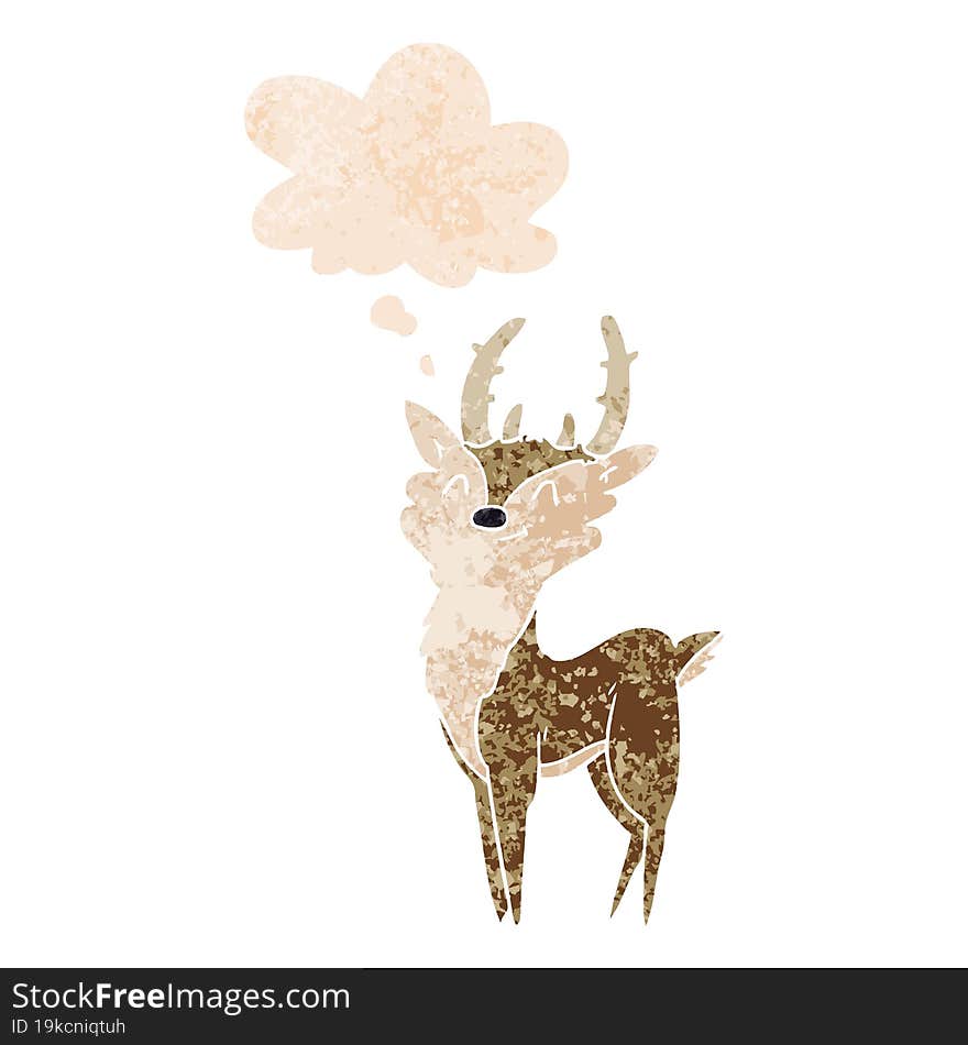 cartoon happy stag and thought bubble in retro textured style