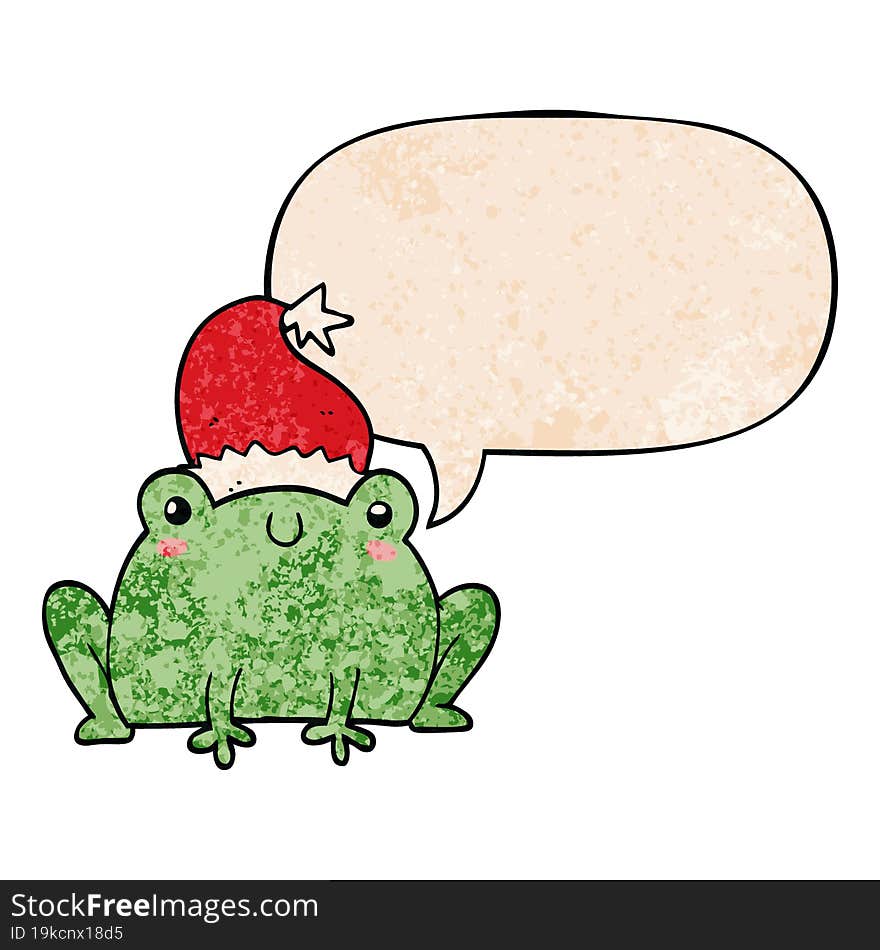 cute cartoon christmas frog with speech bubble in retro texture style