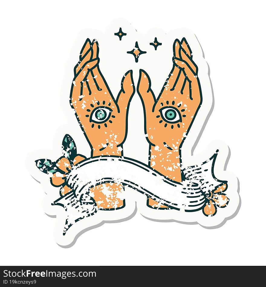 grunge sticker with banner of mystic hands