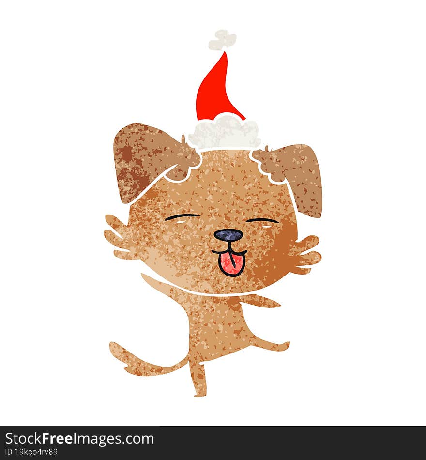 hand drawn retro cartoon of a dancing dog wearing santa hat