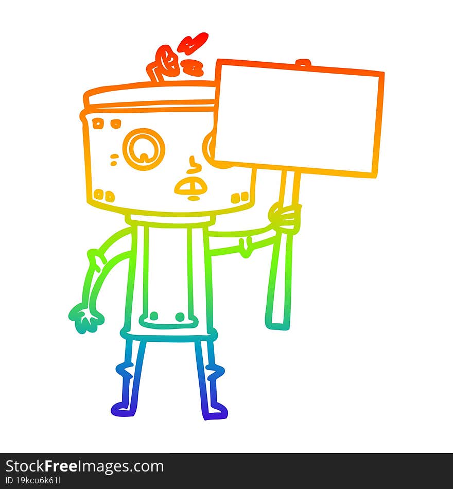 rainbow gradient line drawing of a cartoon robot with blank sign