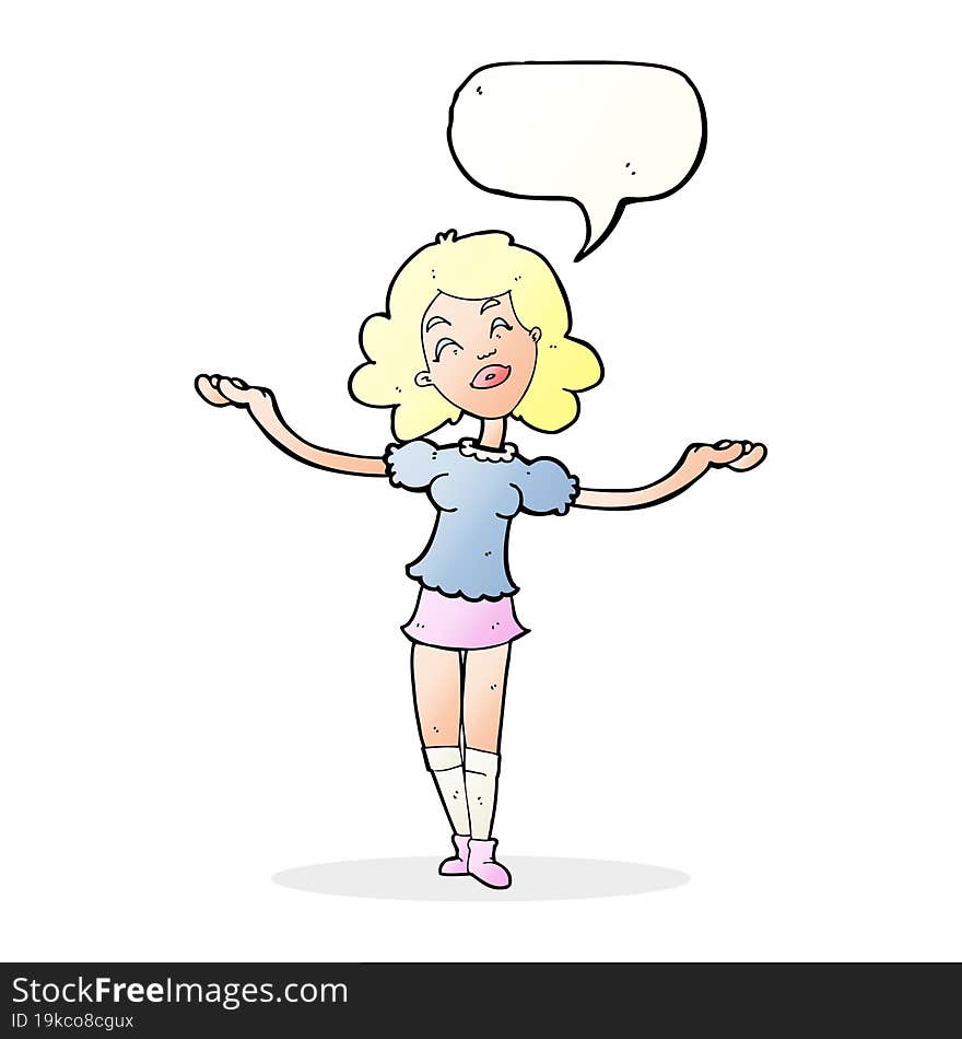 cartoon woman taking praise with speech bubble