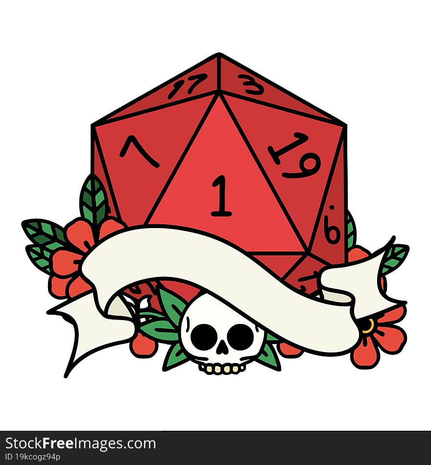 Retro Tattoo Style natural one d20 dice roll. Retro Tattoo Style natural one d20 dice roll