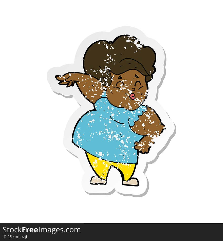 Retro Distressed Sticker Of A Cartoon Happy Overweight Lady