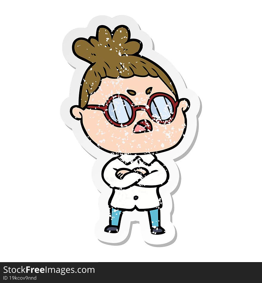 distressed sticker of a cartoon annoyed woman