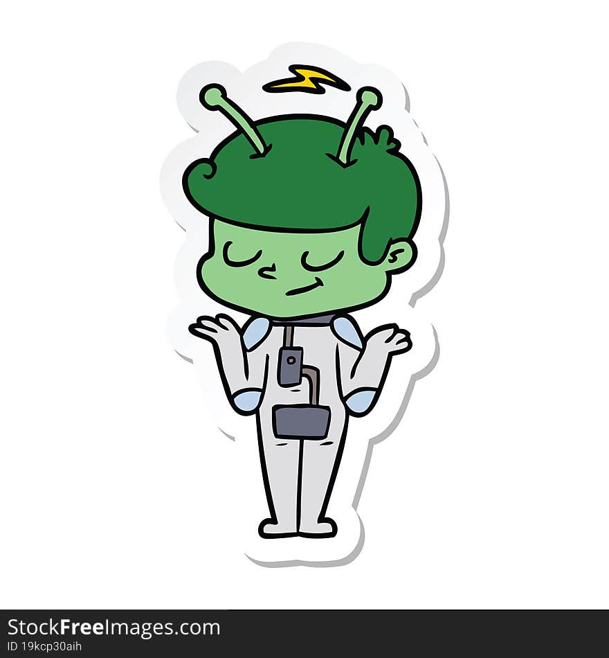 sticker of a friendly cartoon spaceman shrugging