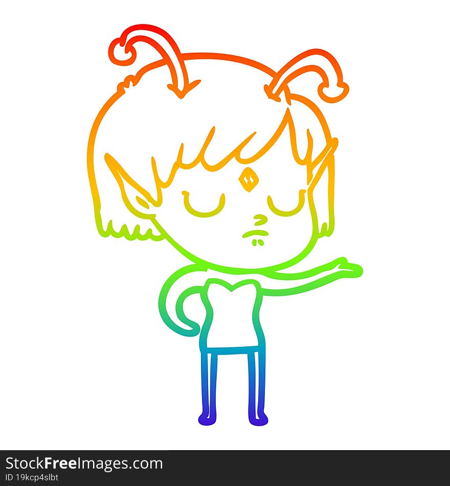 rainbow gradient line drawing of a cartoon alien girl