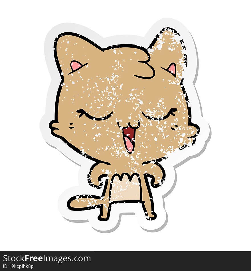 distressed sticker of a happy cartoon cat