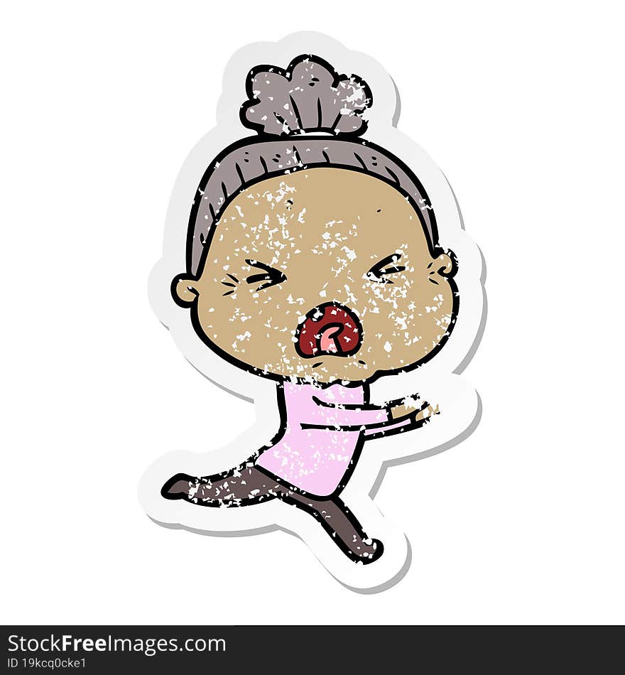 distressed sticker of a cartoon angry old woman