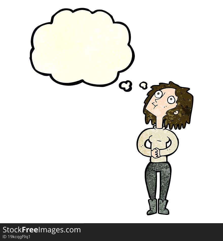 cartoon woman looking upwards with thought bubble