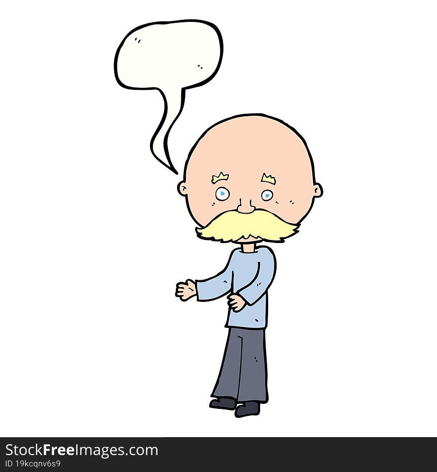 cartoon man with mustache with speech bubble