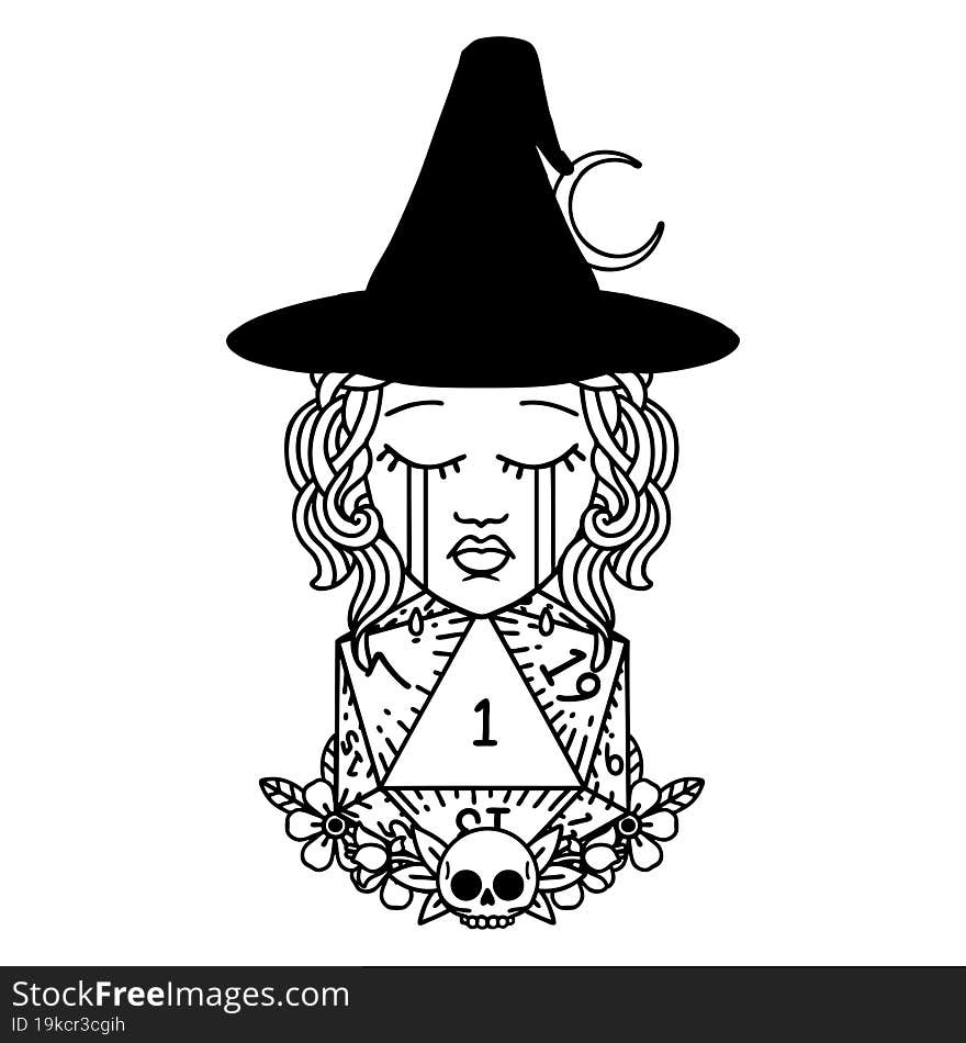 Black and White Tattoo linework Style crying human witch with natural one D20 dice roll. Black and White Tattoo linework Style crying human witch with natural one D20 dice roll