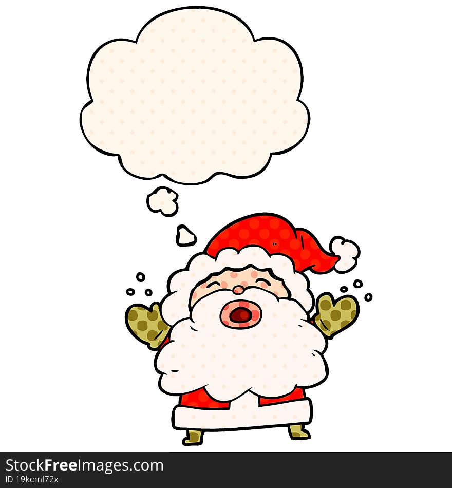 cartoon santa claus shouting and thought bubble in comic book style