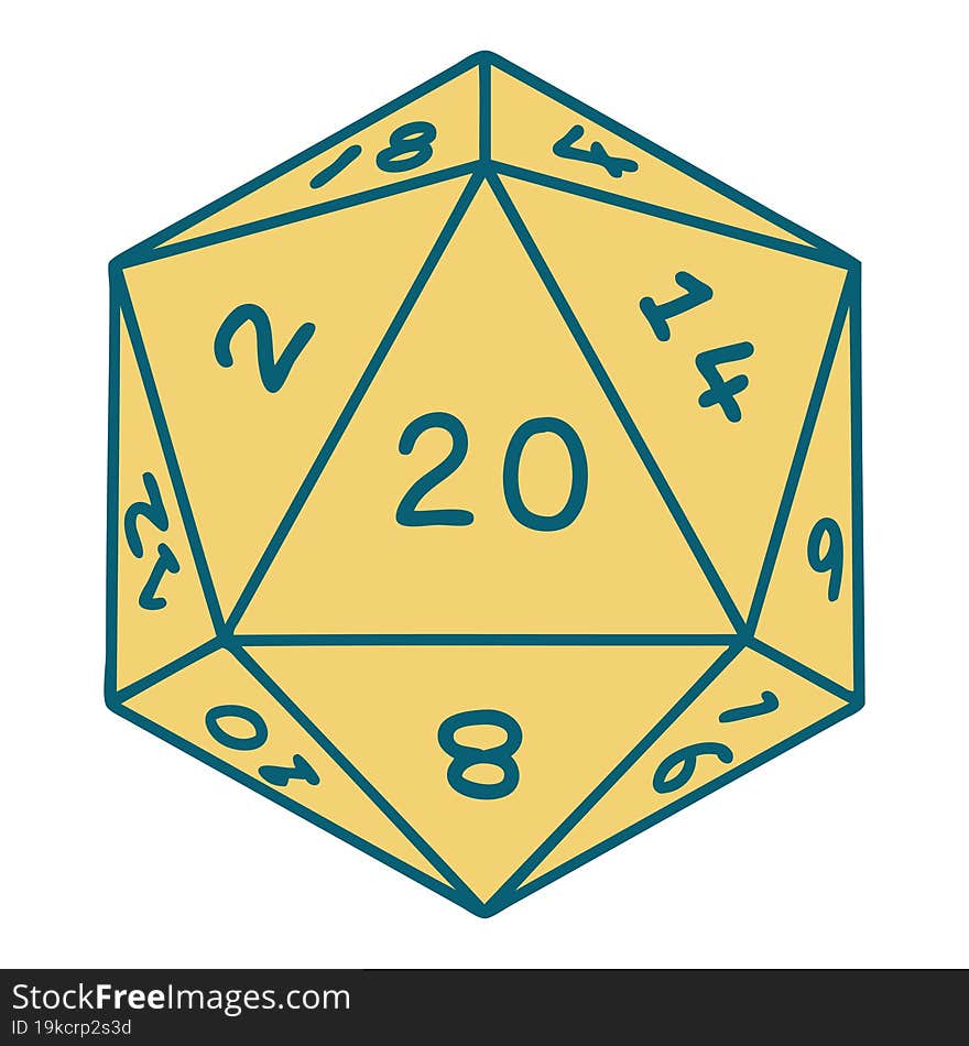 iconic tattoo style image of a d20 dice. iconic tattoo style image of a d20 dice