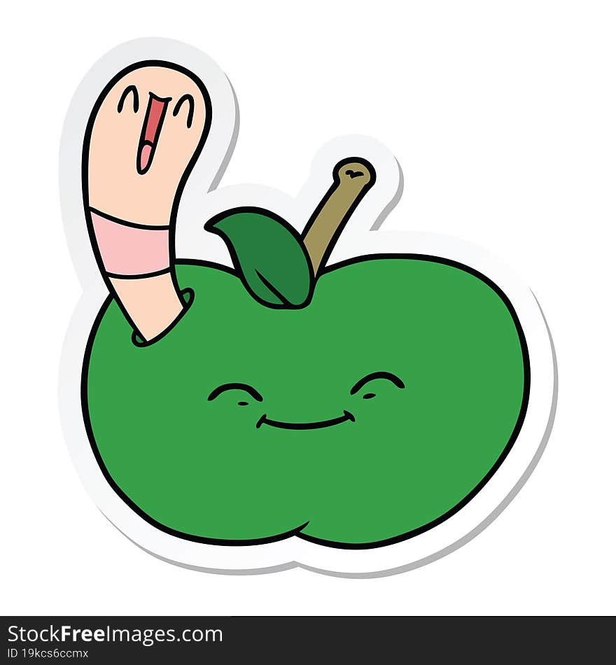 sticker of a cartoon happy worm in an apple