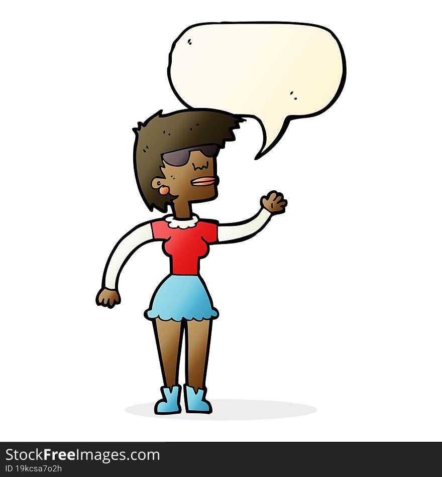 cartoon woman in spectacles waving with speech bubble