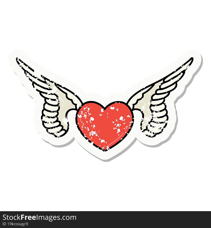 traditional distressed sticker tattoo of a heart with wings