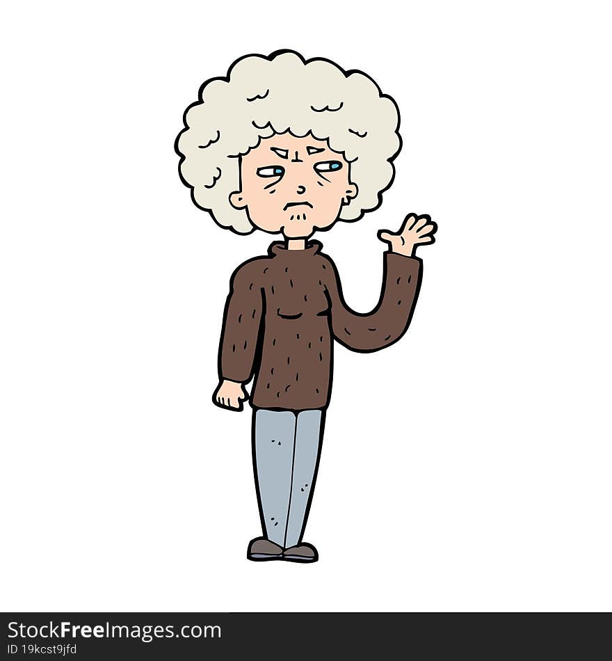 cartoon annoyed old woman waving