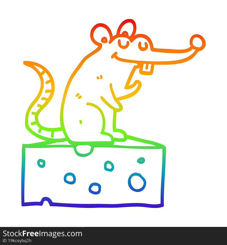 rainbow gradient line drawing cartoon mouse sitting on cheese