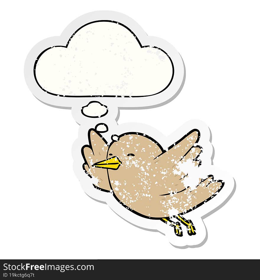 cartoon bird and thought bubble as a distressed worn sticker