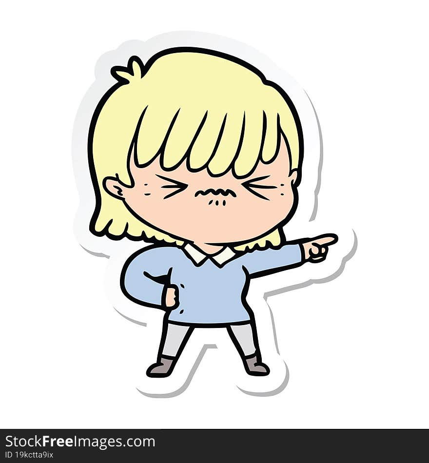 sticker of a annoyed cartoon girl pointing