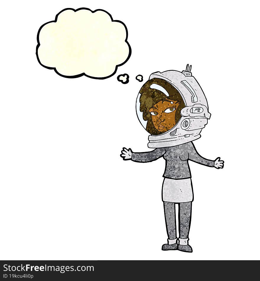 cartoon woman wearing astronaut helmet with thought bubble