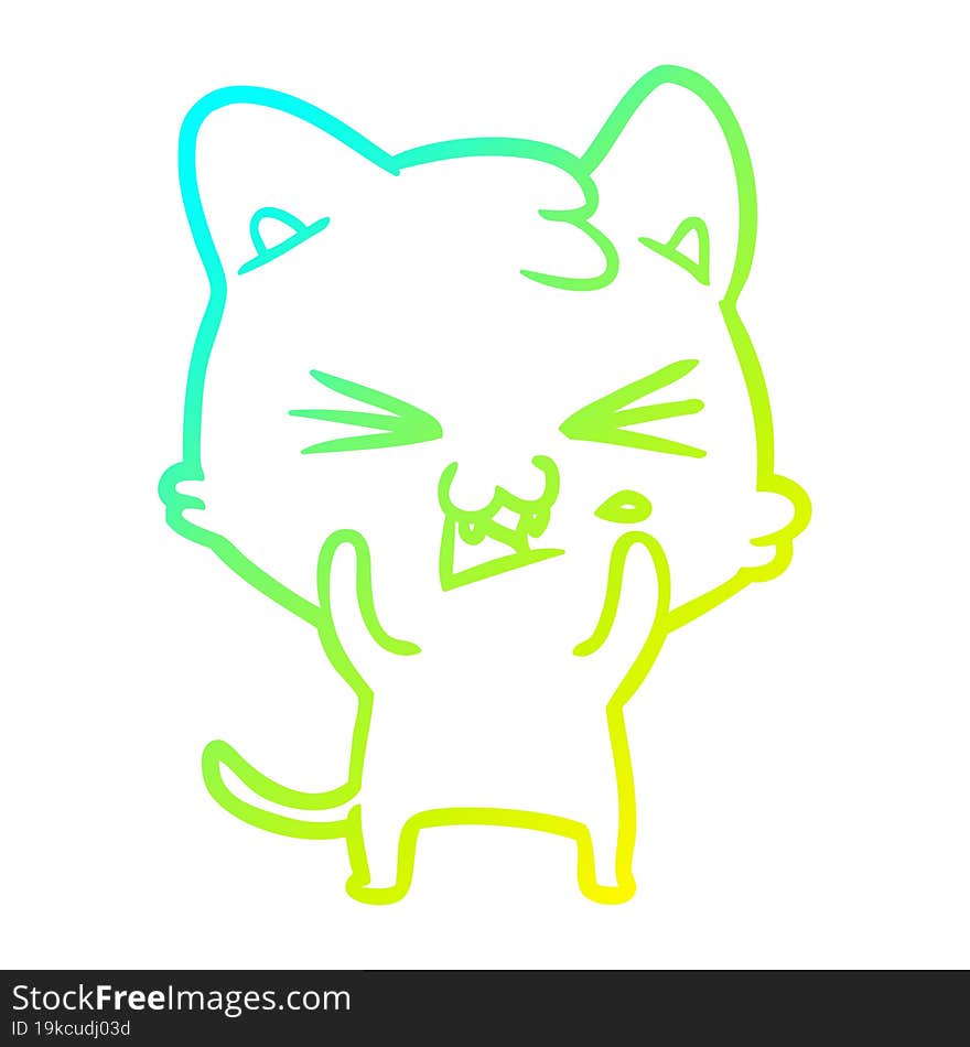 cold gradient line drawing of a cartoon cat hissing