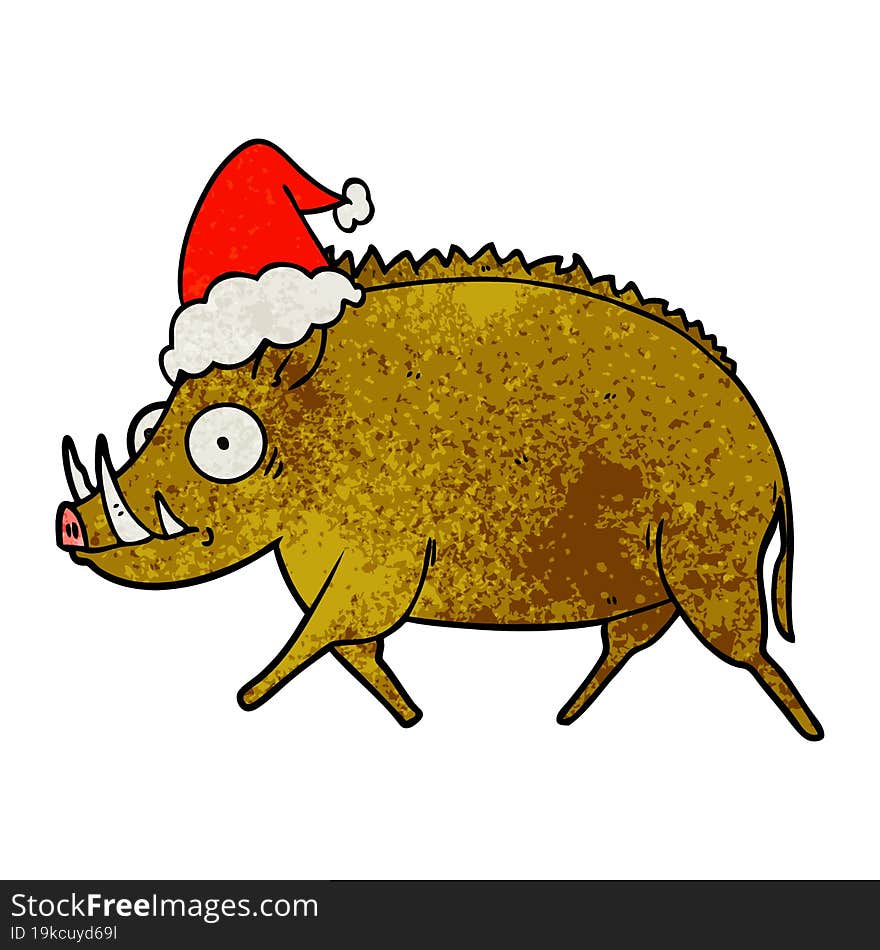 textured cartoon of a wild boar wearing santa hat