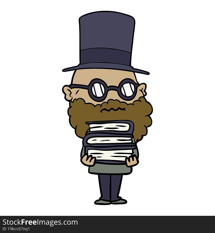 cartoon worried man with beard and stack of books. cartoon worried man with beard and stack of books