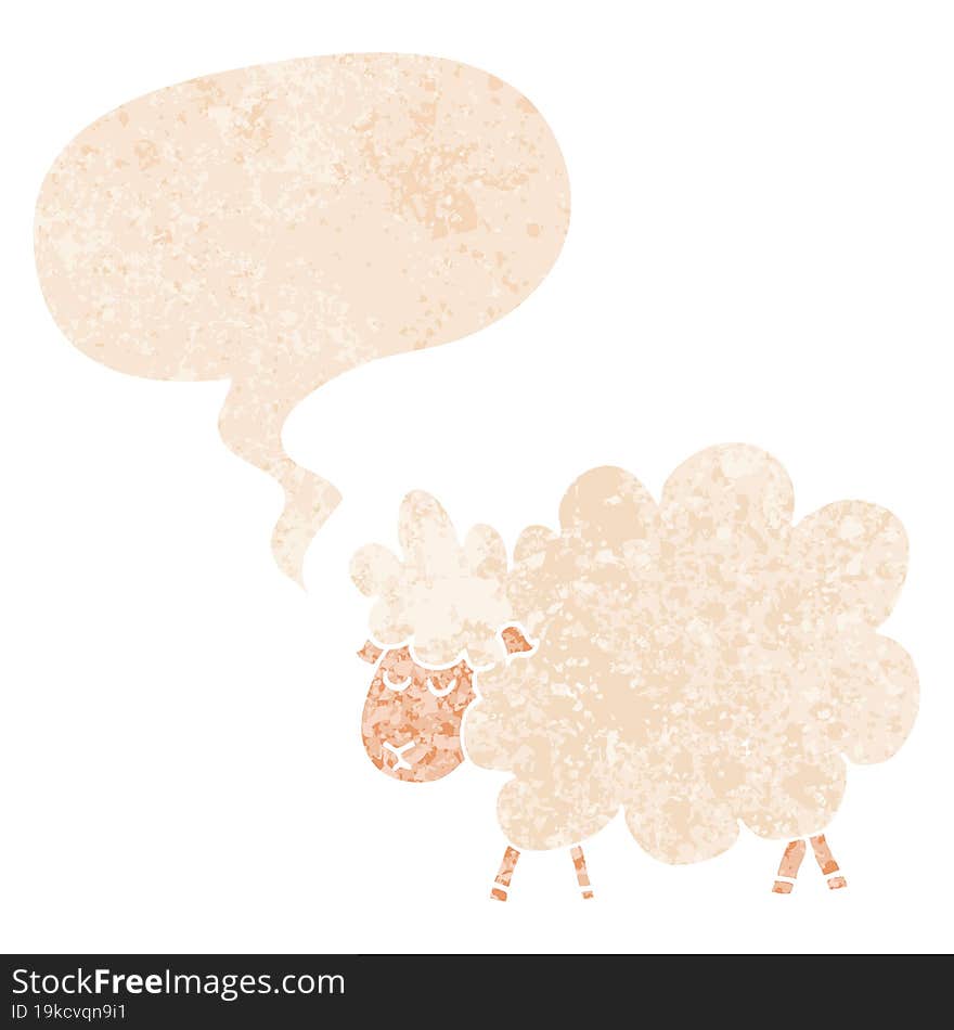 cartoon sheep and speech bubble in retro textured style