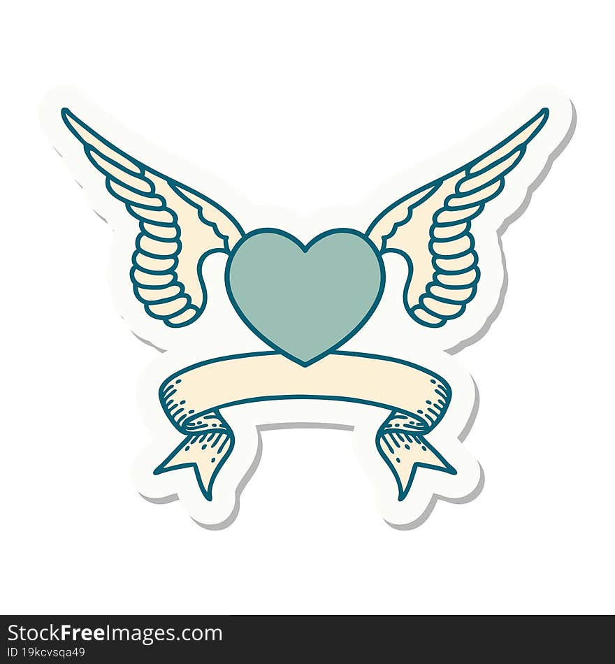 tattoo sticker with banner of a heart with wings