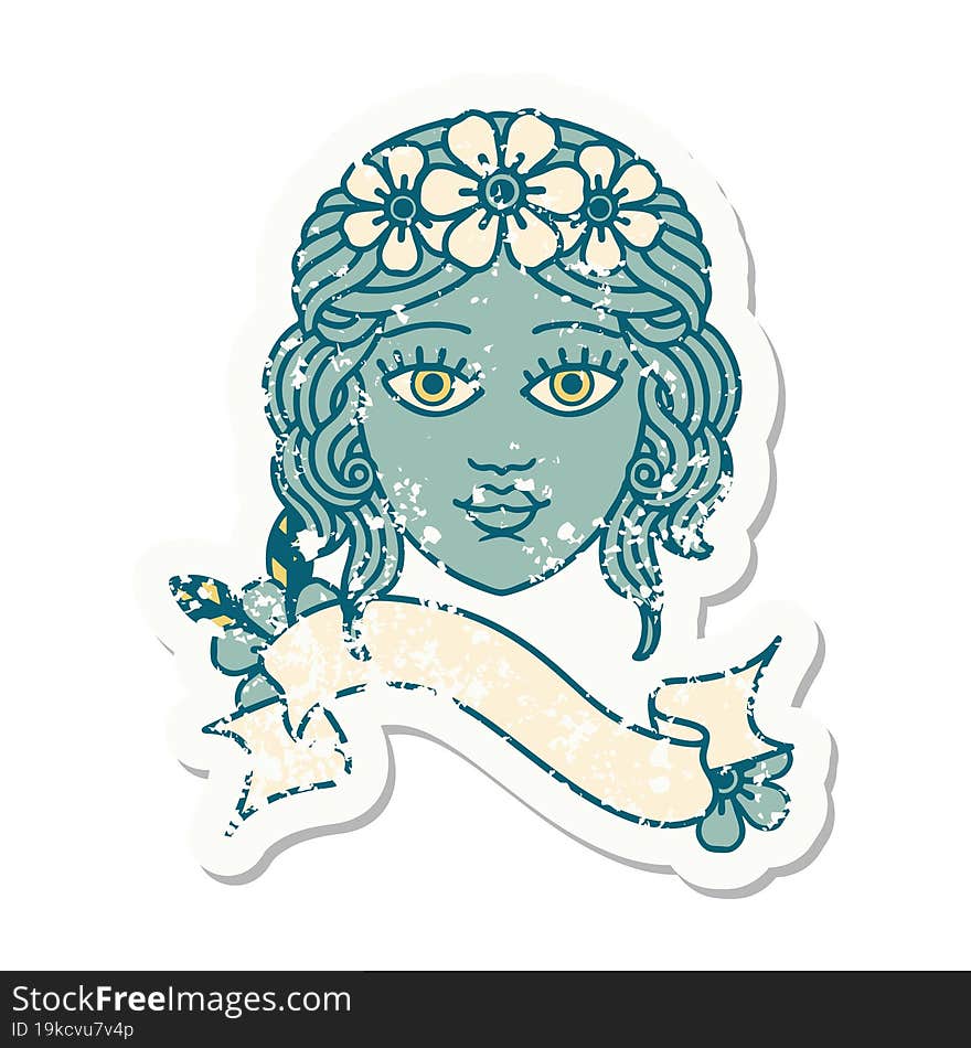 worn old sticker with banner of female face with crown of flowers