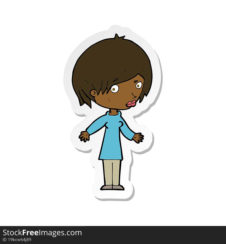 sticker of a cartoon woman shrugging shoulders