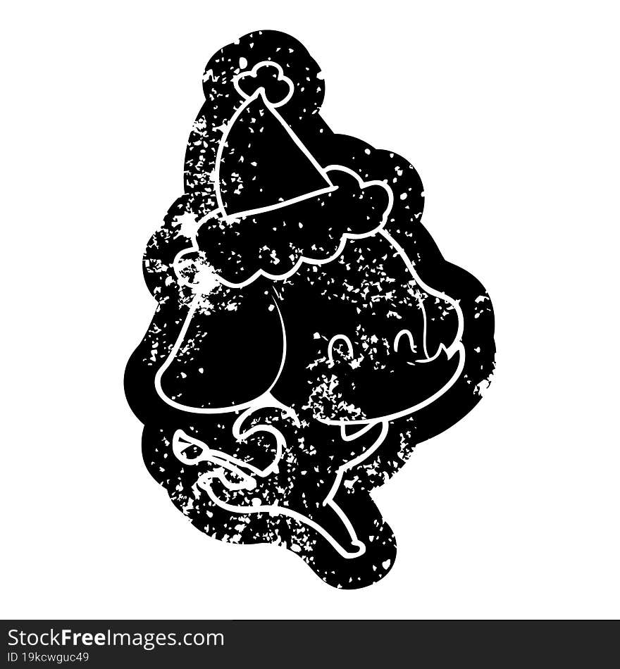 cute quirky cartoon distressed icon of a elephant wearing santa hat