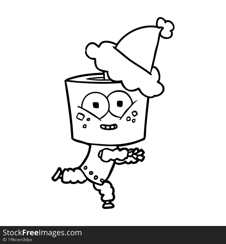 happy hand drawn line drawing of a robot wearing santa hat. happy hand drawn line drawing of a robot wearing santa hat