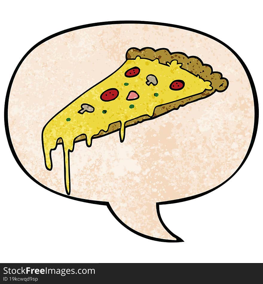 Cartoon Pizza Slice And Speech Bubble In Retro Texture Style