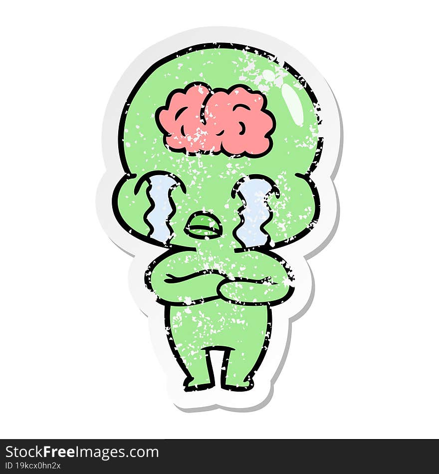 Distressed Sticker Of A Cartoon Big Brain Alien Crying