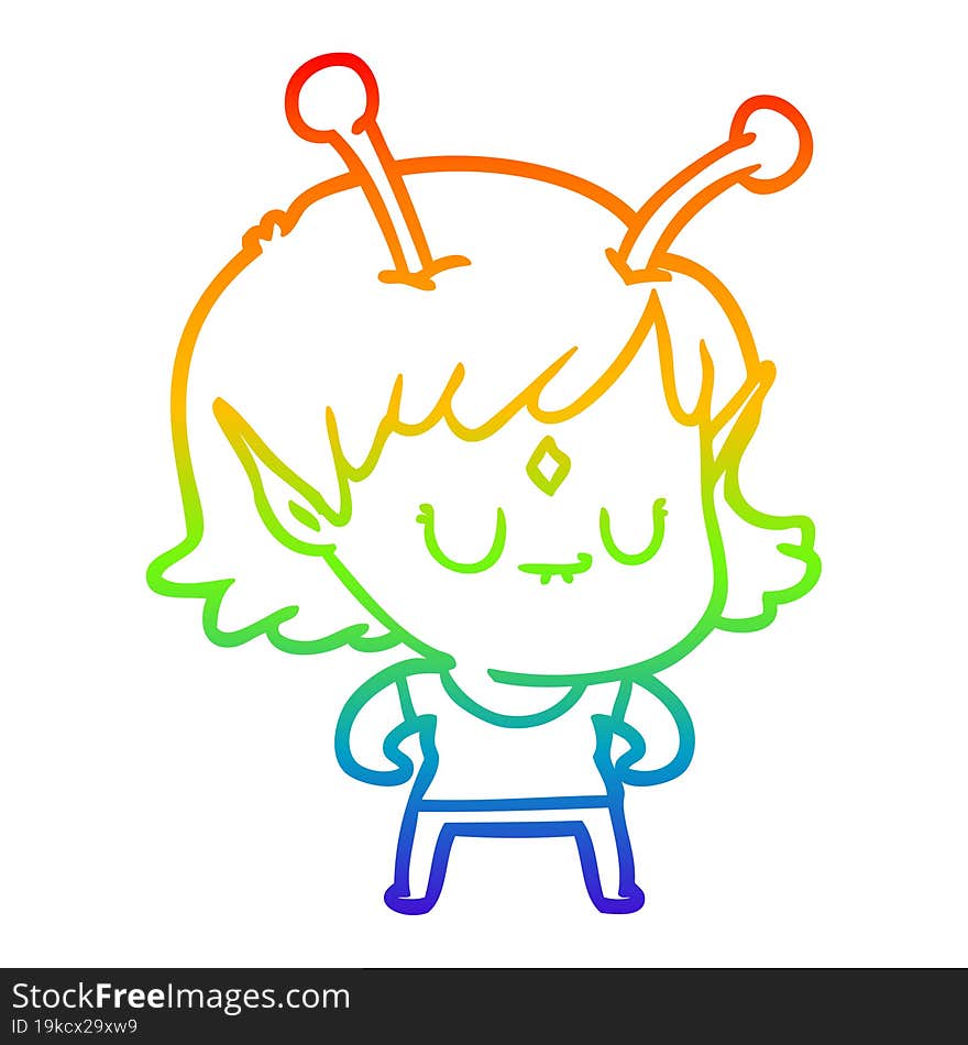 rainbow gradient line drawing of a cartoon alien girl