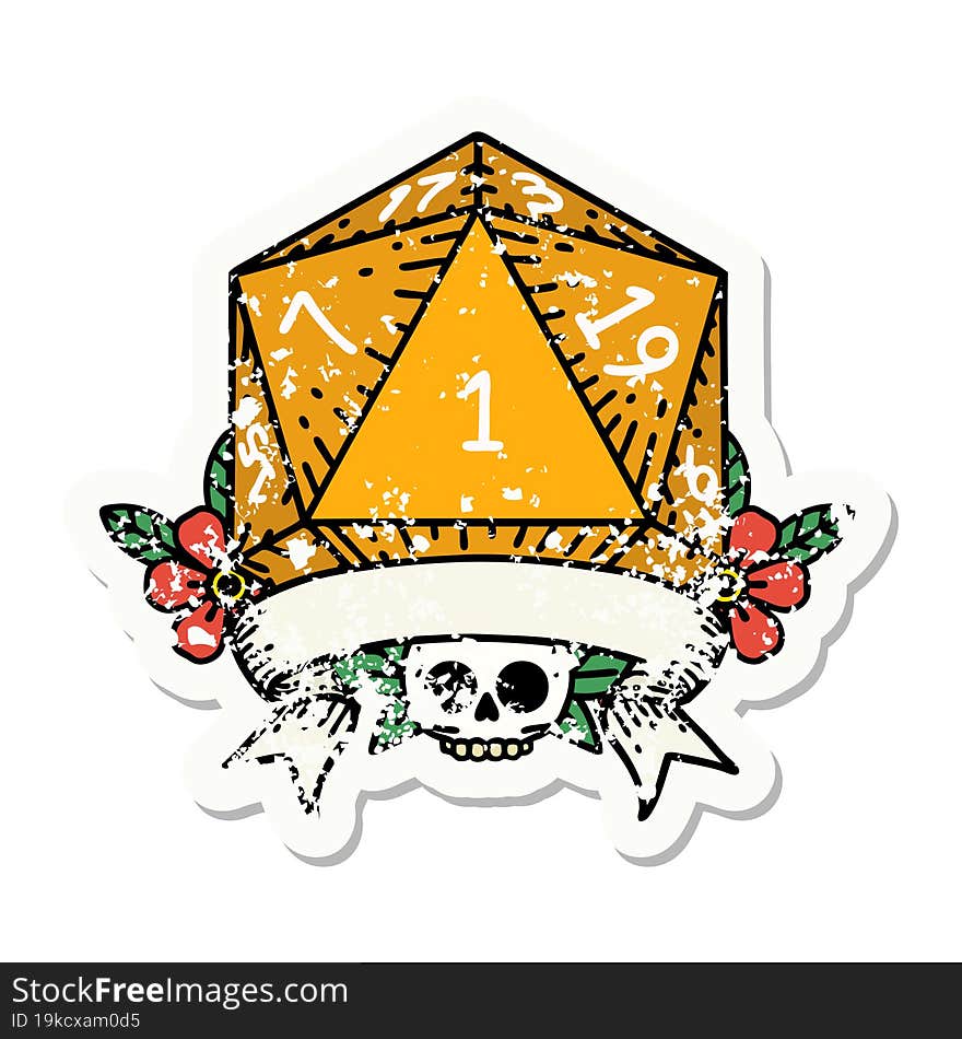 Natural One D20 Dice Roll Grunge Sticker