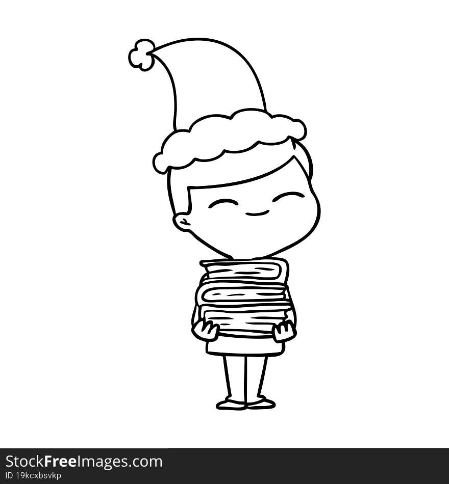 Line Drawing Of A Smiling Boy With Stack Of Books Wearing Santa Hat