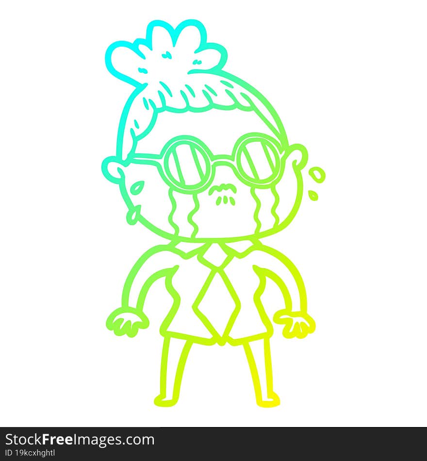 cold gradient line drawing cartoon crying woman wearing spectacles