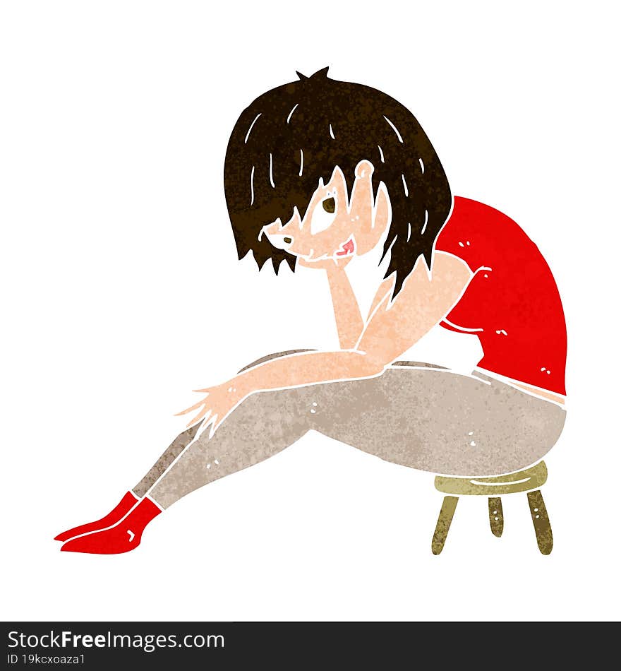 cartoon woman sitting on small stool