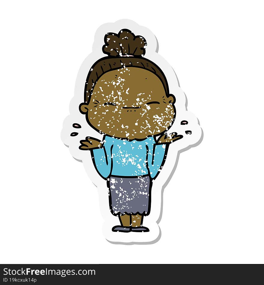 distressed sticker of a cartoon peaceful old woman