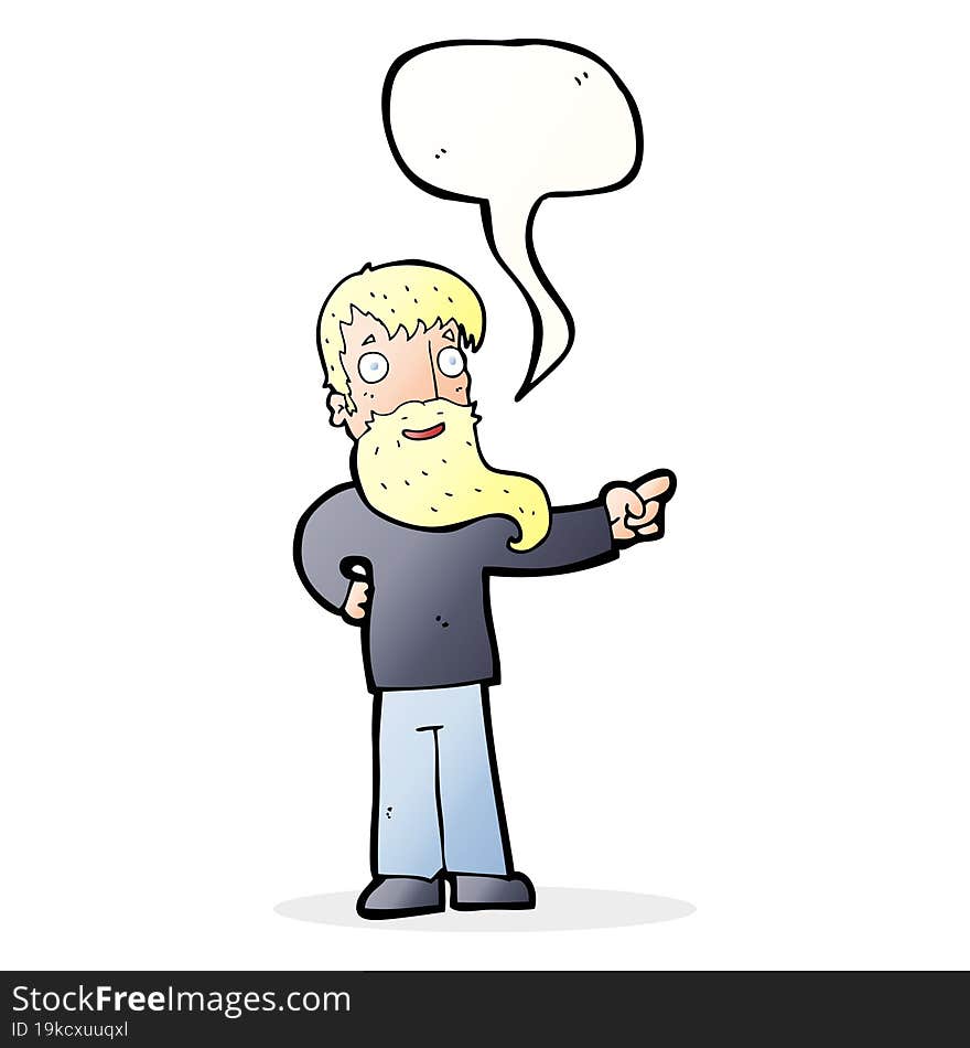 cartoon man with beard pointing with speech bubble