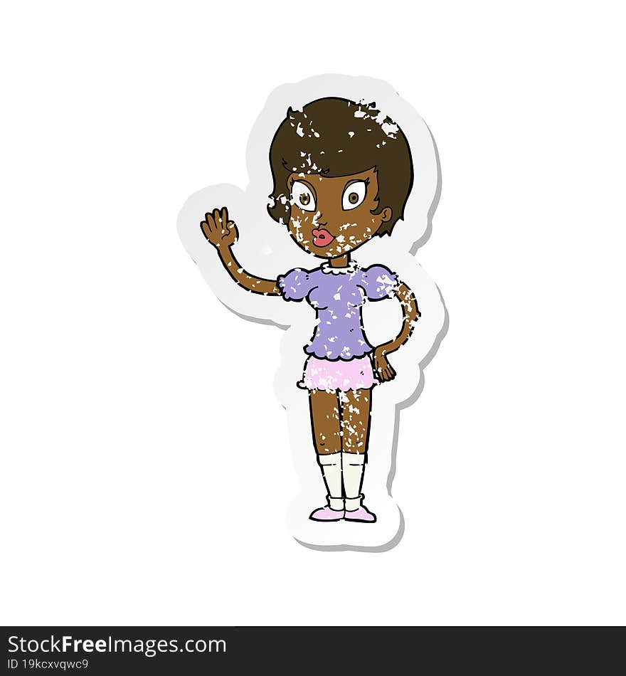 retro distressed sticker of a cartoon pretty girl waving