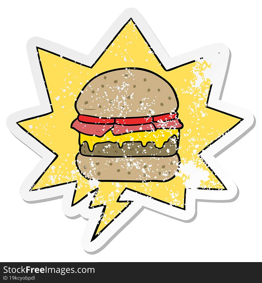 cartoon stacked burger and speech bubble distressed sticker