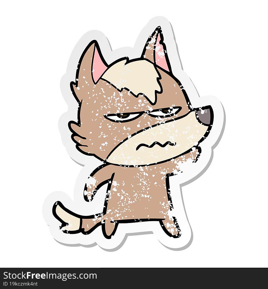 distressed sticker of a cartoon annoyed wolf