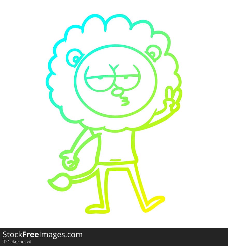 Cold Gradient Line Drawing Cartoon Bored Lion Waving