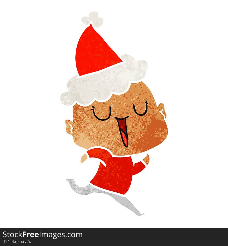 Happy Retro Cartoon Of A Bald Man Wearing Santa Hat